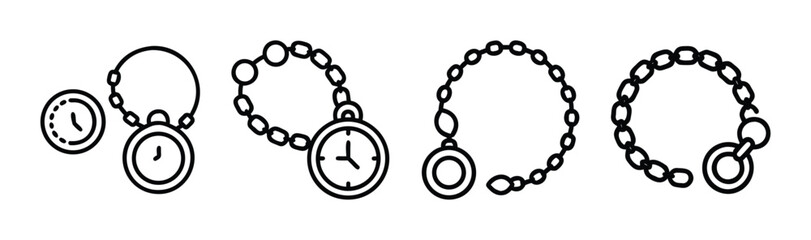 Collection of pocket watch chains and timepieces antique vintage styles detailed sketch