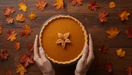 Circular Dessert Presentation with Leaf Arrangement on Rustic Wood, Warm Tones Dominate.