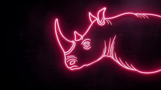 Glowing pink neon rhinoceros head on dark background. 4K Video