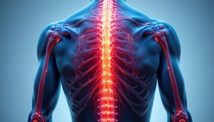 Detailed anatomical view of human back and spine with vibrant red nerve pathways, perfect for medical research or educational materials on anatomy