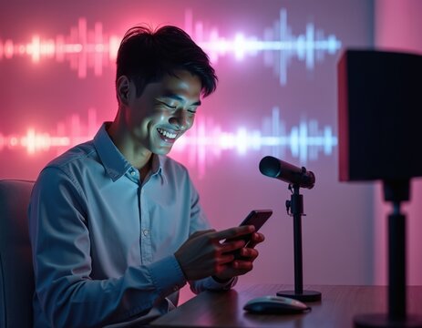 Man smiles while using smartphone and talking into microphone. Digital sound waves glow pink and blue on wall. He is recording voice message or podcast in studio setting.