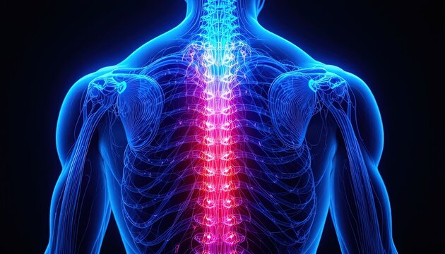 Detailed anatomical view of human spine with vibrant glow for medical education or healthcare marketing, emphasizing spinal health and anatomy study aid - Powered by Adobe