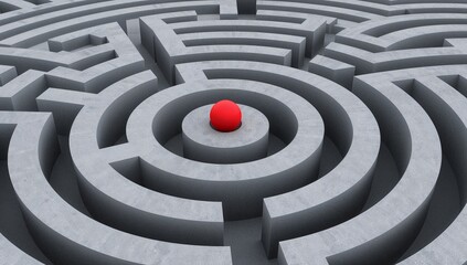 Circular Maze, Red Sphere, and Gray Texture. A Visual Puzzle of Depth and Confinement.