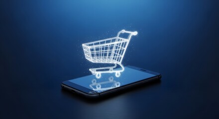 Digital shopping cart hologram glowing on a smartphone screen representing online commerce