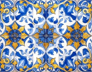 Symmetrical array of ceramic tiles, displaying a vibrant repeating floral pattern in shades of blue and gold against white