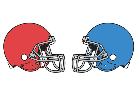 A red and a blue American football helmet facing each other in a graphic illustration.