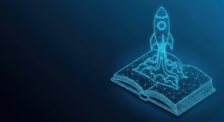 Rocket Launching from Open Book Symbolizing Knowledge and Imagination