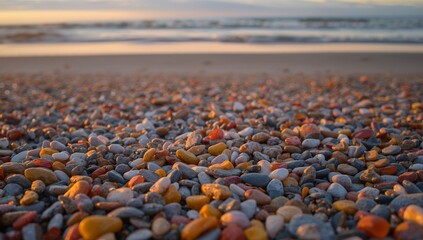 Obraz premium Coastal Stones at Dawn Warm Light on Textured Ground, with Faint Ocean Horizon.