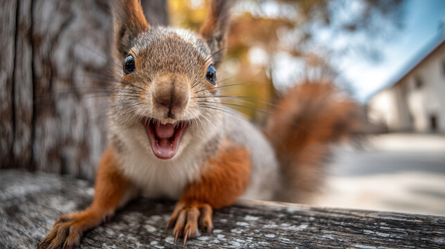 A close up of a squirrel with its mouth open sitting on a wooden surface looking at the viewer - Powered by Adobe