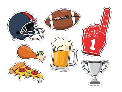 A collection of American football themed stickers including a helmet, ball, food, and fan gear.
