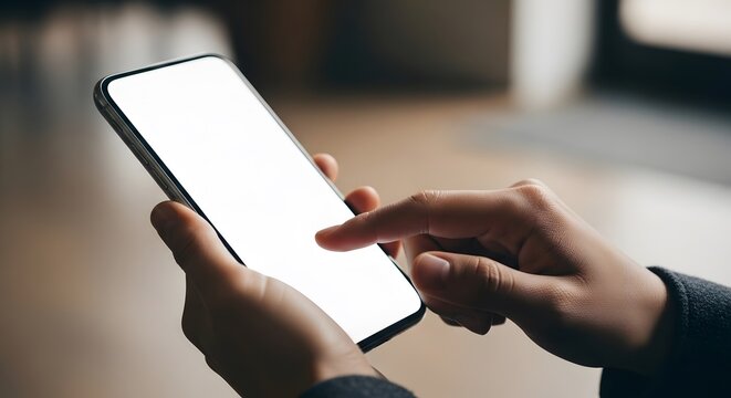 Close up of hands holding a smartphone with a blank white screen and touching the display - Powered by Adobe