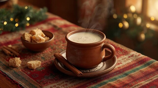 Authentic Mexican Christmas Atole in Rustic Clay Mug with Festive Decorations 