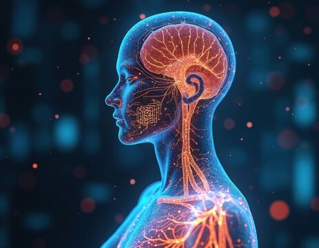 AI tech digital human concept. Neural network artificial intellect abstract background. Machine learning brain innovation represents health data future with global online network and modern science.