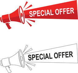 Red megaphones and black outline announcing with special offer text for promotions and sales