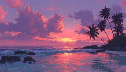 Tropical sunset scene palm trees, ocean, vibrant clouds, and a gorgeous reflective water surface