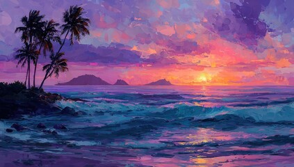 Tropical sunset painting, palms, islands, ocean waves, vibrant colors