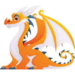 Pixel Art Orange and White Dragon with Golden Accents Sitting and Looking to the Side on a Transparent Background