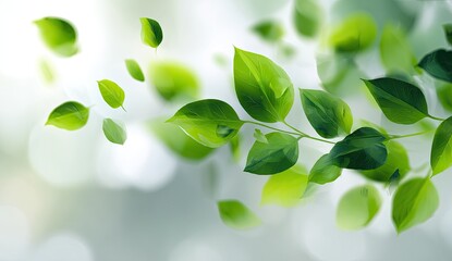 Vibrant green leaves against a blurred, soft background, evoking freshness