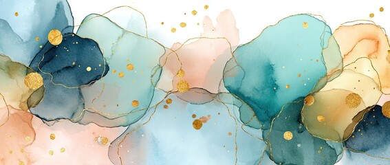 Watercolor abstract art with ink blotches in teal, gold, peach, with elegant design