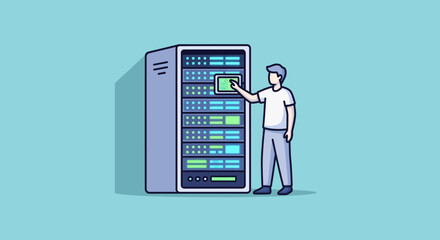 Vector illustration of an IT technician performing maintenance on a computer server rack, a concept for data center management and network infrastructure
