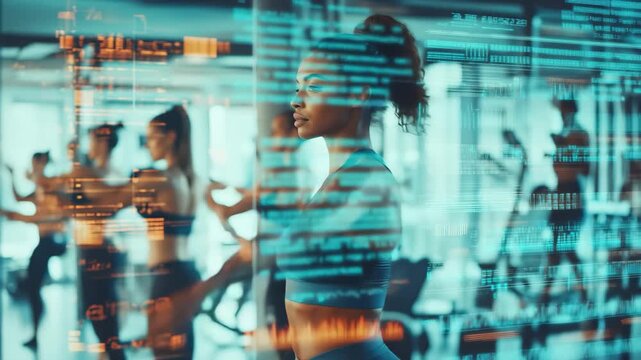 Engaging in financial data analysis while participating in a diverse fitness class at a modern gym, financial data processing over diverse people exercising at gym - Powered by Adobe