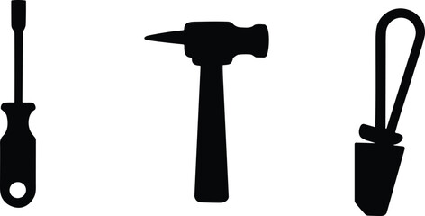 Black silhouette icons of screwdriver hammer and awl on white tool