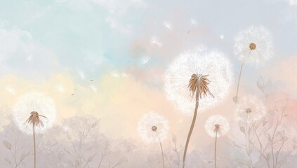Watercolor dandelions against a pastel sky, seeds blowing