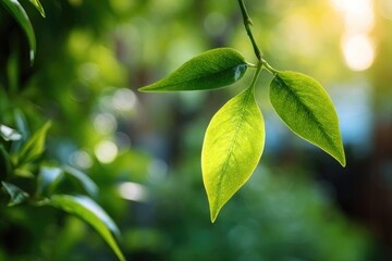 Sunny green leaves close-up, nature's detail, light filtering through foliage