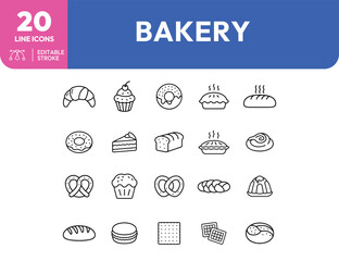 Assorted Bakery Items Line Art Croissant Cupcake Donut Pie Bread Pretzel Macaron Waffle © Deezora