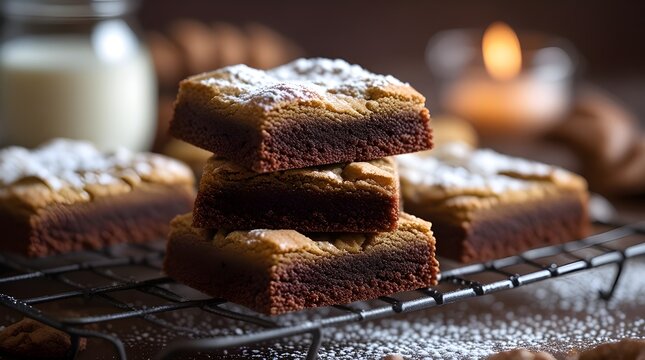 National Blonde Brownie Day: Freshly baked blonde brownies on a cooling rack with a glass of milk on the side
