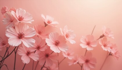 Pink flowers with delicate petals bloom in a soft pink background. Floral arrangement creates an elegant design. Blossoms against the pastel backdrop. Beautiful floral artwork for various purposes.