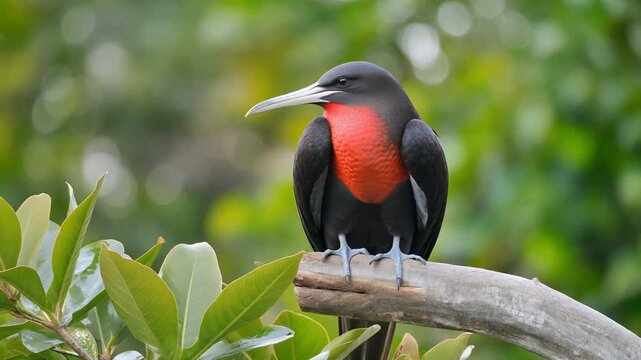 Magnificent Frigatebird with Inflated Red Gular Pouch Perched on Branch in Lush Green Environment.