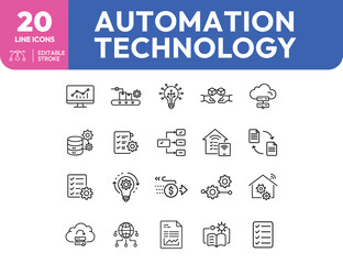 Automation Technology Twenty Line Icons Depicting Modern Technological Processes
