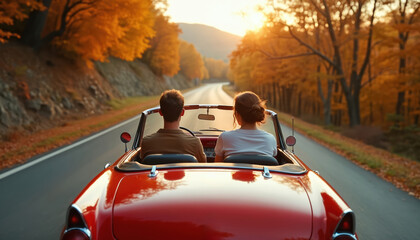 Couple drives red convertible on autumn road. Golden hour sun illuminates colorful trees. Man and woman enjoy vacation journey through scenic landscape. Romantic road trip.