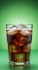 A refreshing glass of soda with ice cubes and bubbles rising against a vibrant green background, creating a lively and cool beverage scene