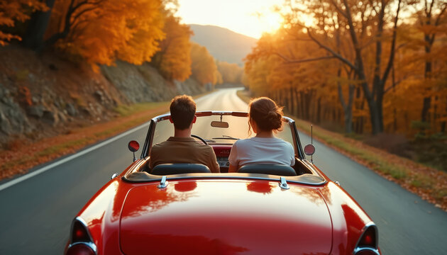 Couple drives red convertible on autumn road. Golden hour sun illuminates colorful trees. Man and woman enjoy vacation journey through scenic landscape. Romantic road trip.