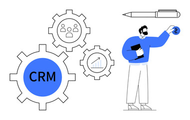 Gears labeled with CRM, analytics, and team focus alongside a man holding documents and interacting with a logo. Ideal for business strategy, teamwork, CRM tools, analytics, corporate planning