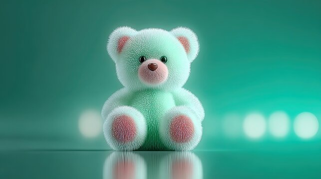 A minimalist blue teddy bear 3D character rendered in high resolution on a solid color background. Versatile cute character design suitable for brand mascots, merchandise licensing, or children's prod