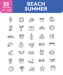 Beach and Summer Line Icons Ice Cream Lifebuoy Sunscreen and More