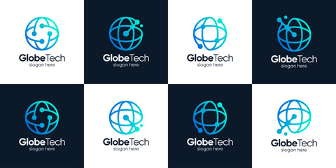 Set of globe ​​tech logo design template illustration. Abstract globe concept vector design with technology system connection and abstract dot, data, molecule and system symbol graphic icon