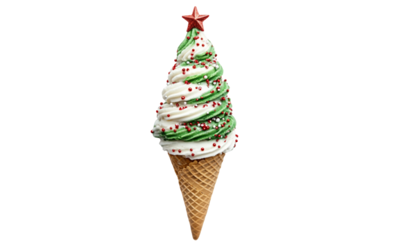 Festive Christmas Ice Cream Cone Shaped Like a Christmas Tree Isolated on White Background Ideal for Holiday Desserts Seasonal Treats Festive Sweets and Christmas Gifts
