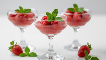 Crimson Delights in Crystal Vessels, Adorned with Verdant Sprigs of Freshness.