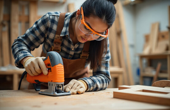 Young woman carpenter working with power tool in workshop. Hispanic female uses saw cutting wood. She wears safety glasses and gloves. Furniture making occupation. Professional joiner at her job. - Powered by Adobe