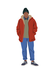 Man in casual winter outfit with beanie, red jacket, sweater, jeans, and headphones, shown in a clean modern flat style. Minimalist vector illustration isolated on transparent background.