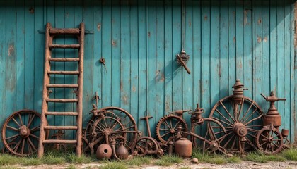Old rusty farm equipment, tools leaning against weathered blue wooden wall. Rusty wheels, gears, machinery parts scattered on ground. Ladder stands beside collection of aged agricultural machinery.