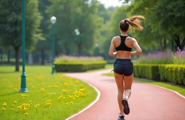 Young woman jogs on red track in park. She wears black sports bra and shorts. Green grass, yellow flowers, trees around track. Rich bushes on side.