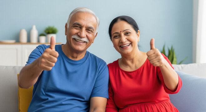 happy indian senior couple showing thumbs up together