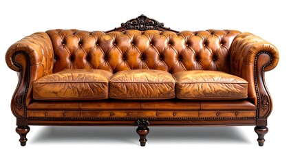Ornate, vintage, leather Chesterfield sofa isolated on white