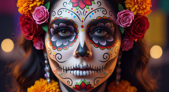 Close-up of a woman with sugar skull face paint and floral crown.