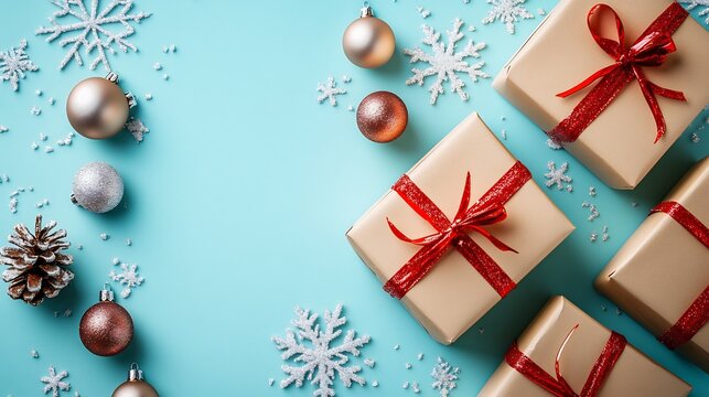 Holiday card concept gift boxes ornaments glitter snowflakes on pastel background high quality composition no people